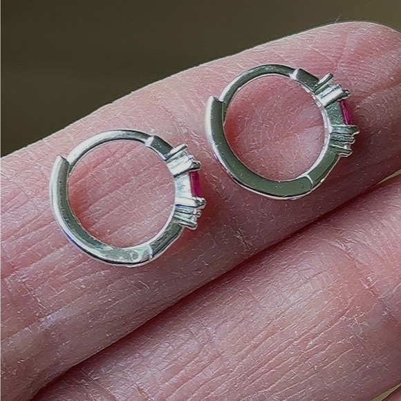 Sterling Silver Ruby Baguette Huggie Hoop Earrings 11mm - Picture 5 of 11